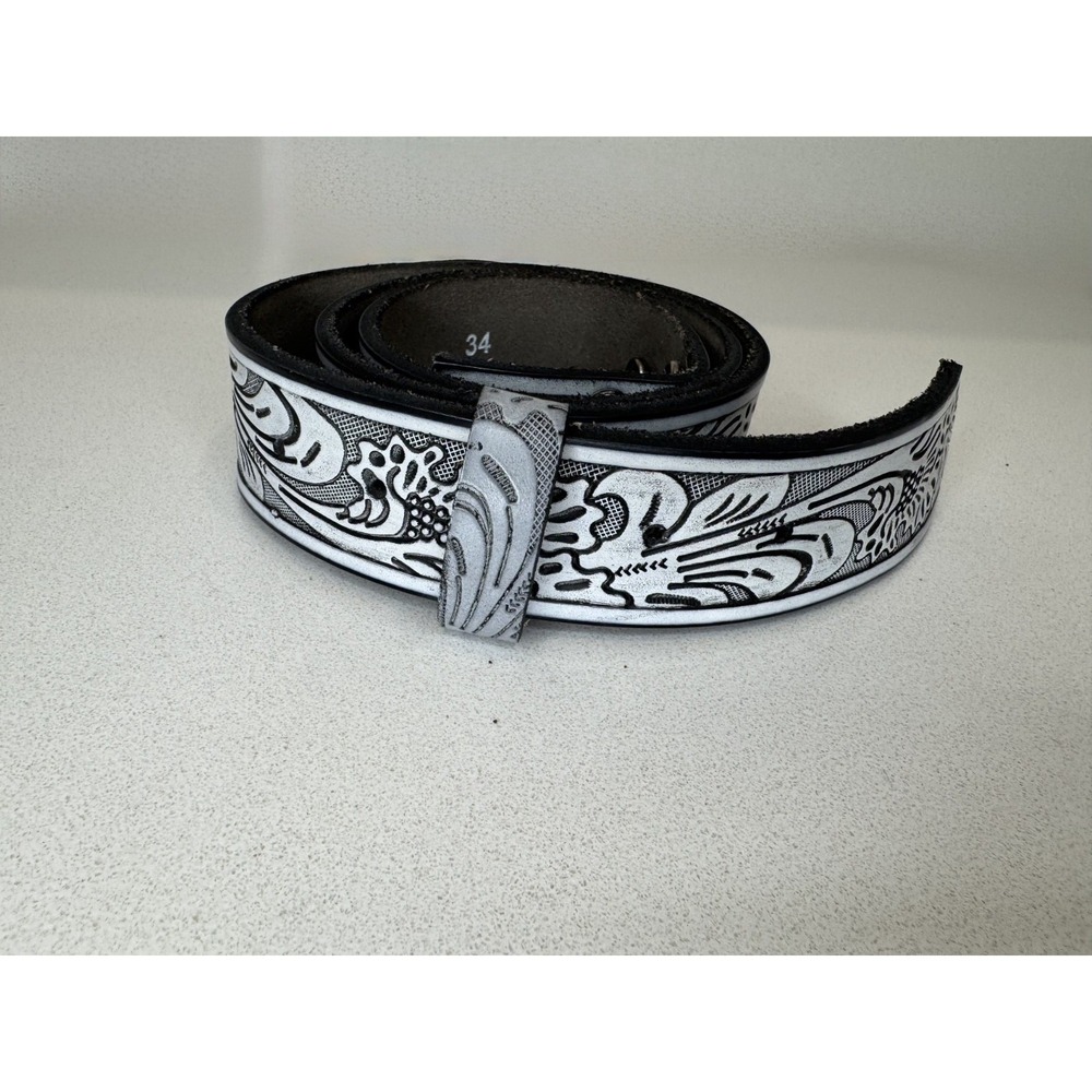 Belts Western Floral Tooled Leather Belt Lot 2 Tan White Snap 34 Genuine Leather - Picture 4 of 9